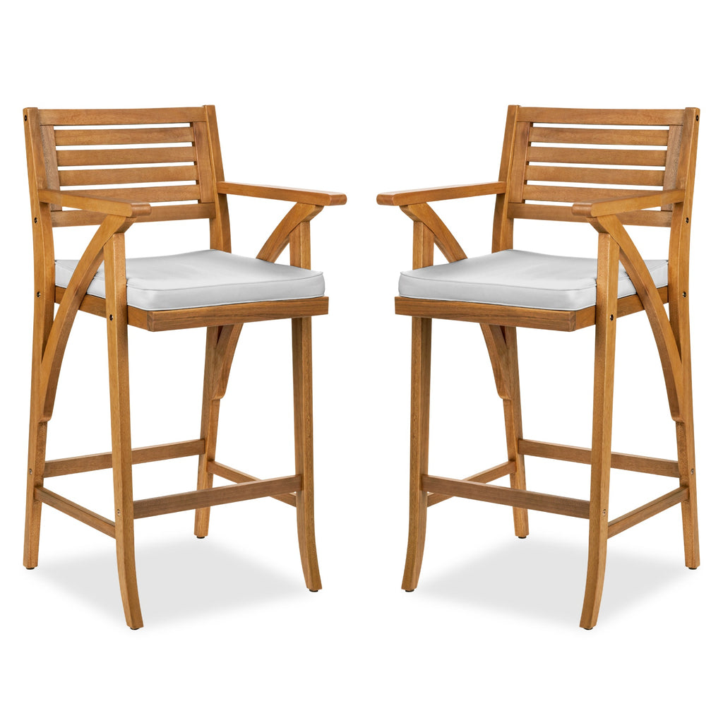 Set of 2 Outdoor Acacia Wood Bar Stools Chairs w/ Weather-Resistant Cushions