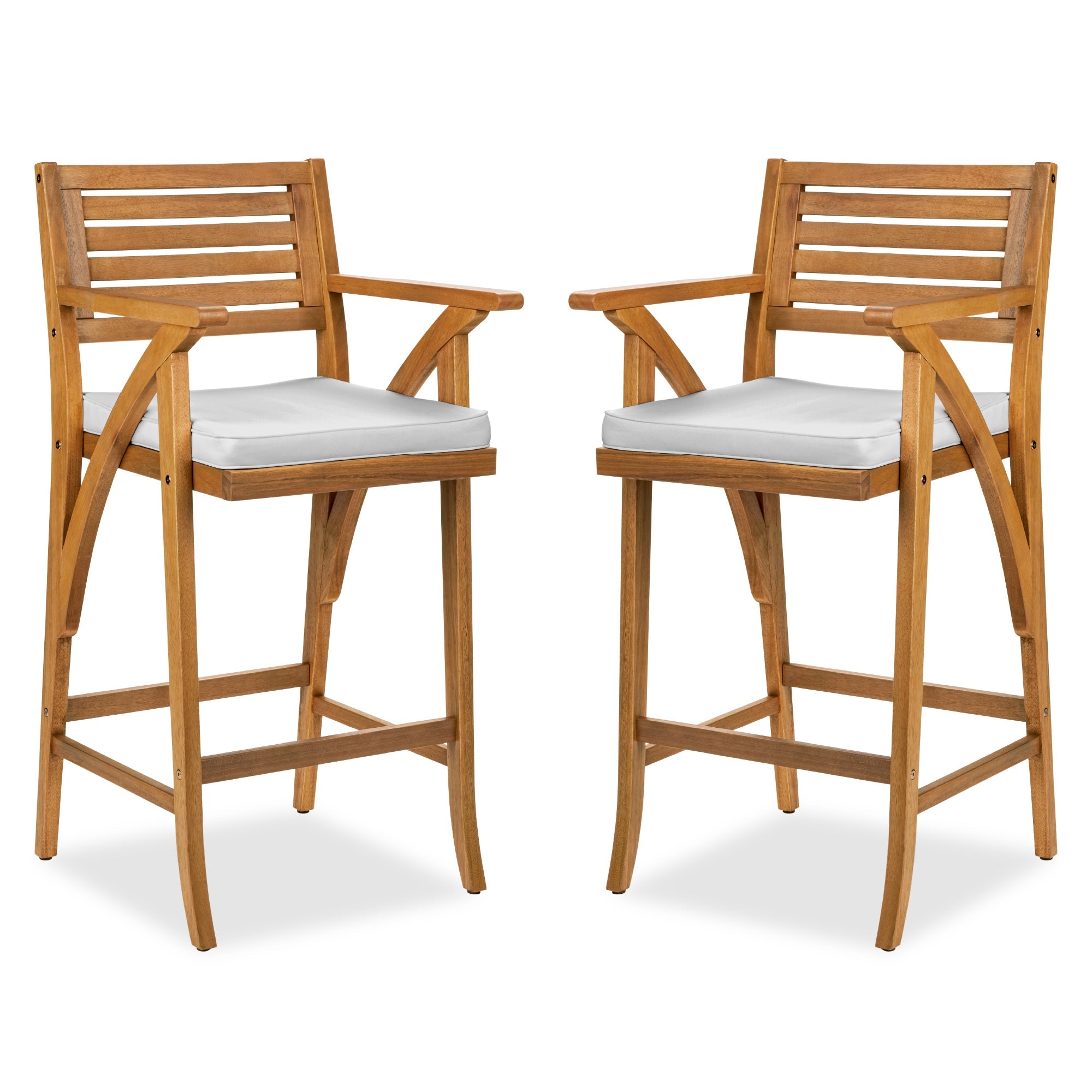 Set of 2 Outdoor Acacia Wood Bar Stools Chairs w/ Weather-Resistant Cushions