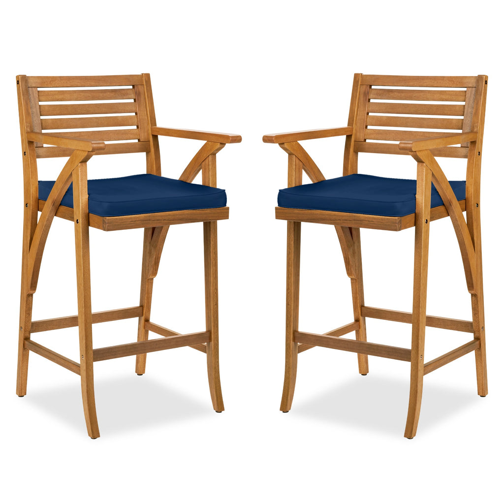 Set of 2 Outdoor Acacia Wood Bar Stools Chairs w/ Weather-Resistant Cushions