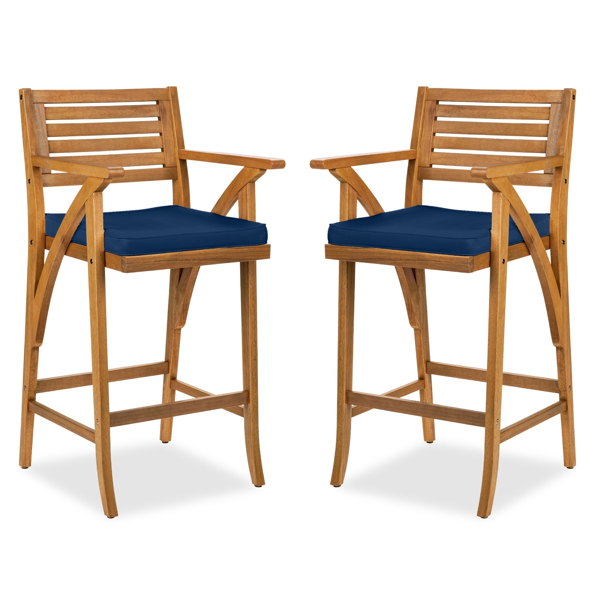 Set of 2 Outdoor Acacia Wood Bar Stools Chairs w/ Weather-Resistant Cushions