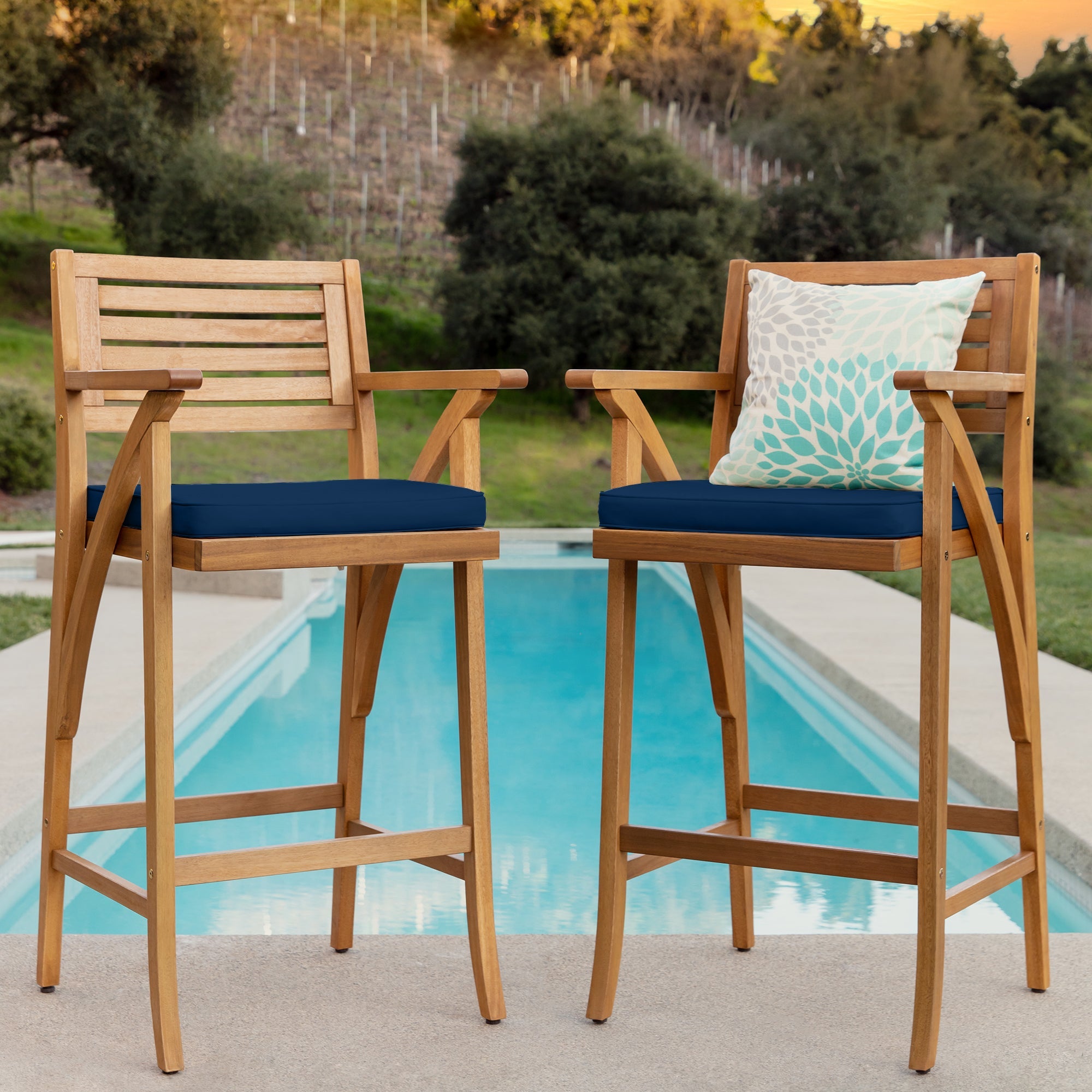 Set of 2 Outdoor Acacia Wood Bar Stools Chairs w/ Weather-Resistant Cushions