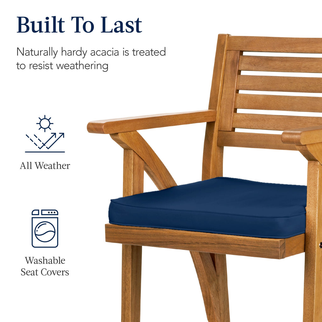 Set of 2 Outdoor Acacia Wood Bar Stools Chairs w/ Weather-Resistant Cushions