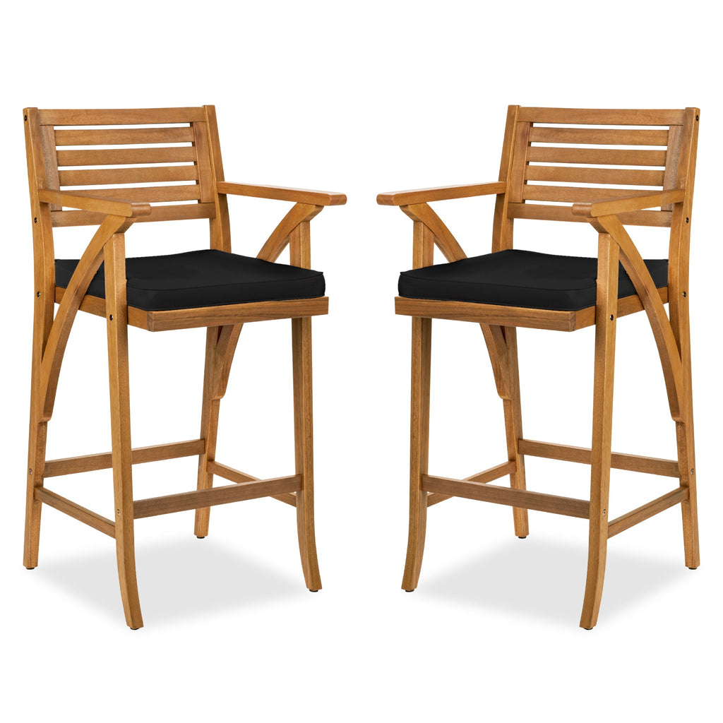 Set of 2 Outdoor Acacia Wood Bar Stools Chairs w/ Weather-Resistant Cushions
