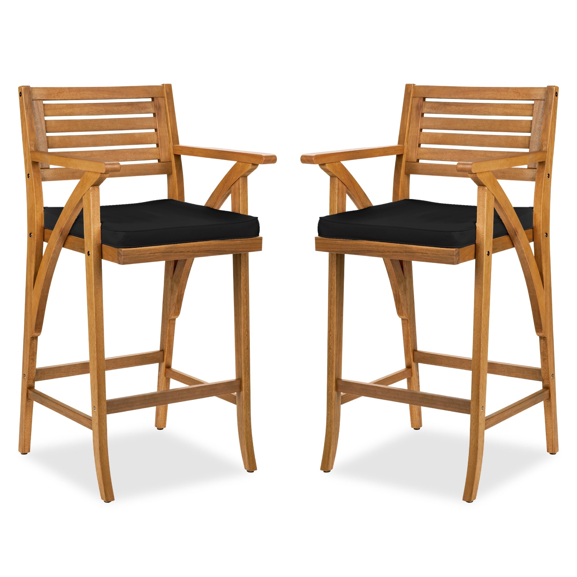 Set of 2 Outdoor Acacia Wood Bar Stools Chairs w/ Weather-Resistant Cushions