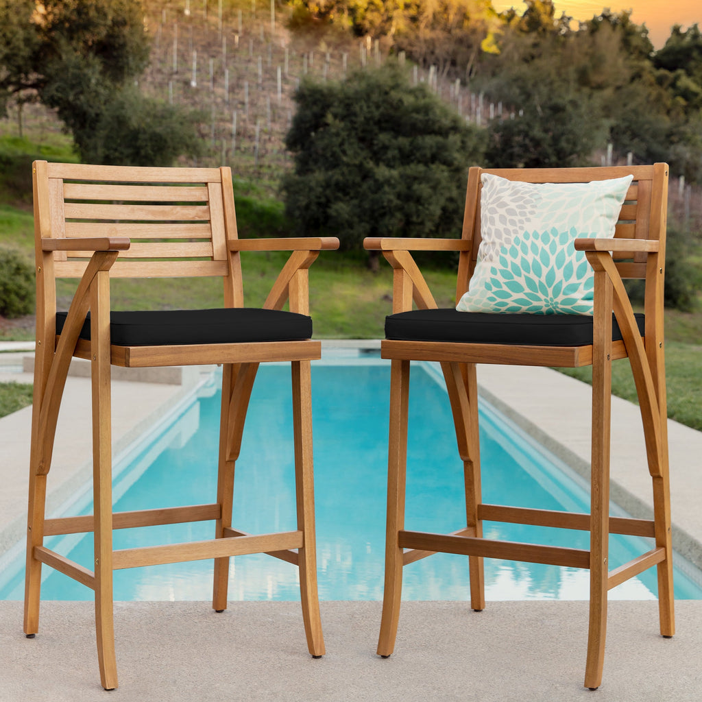 Set of 2 Outdoor Acacia Wood Bar Stools Chairs w/ Weather-Resistant Cushions