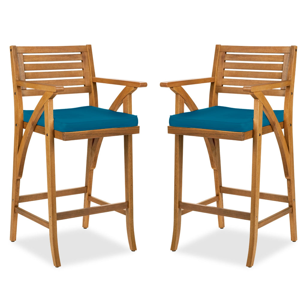 Set of 2 Outdoor Acacia Wood Bar Stools Chairs w/ Weather-Resistant Cushions