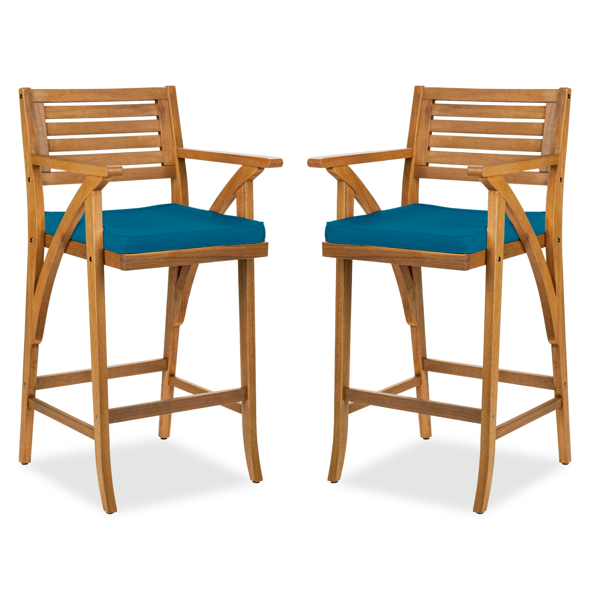 Set of 2 Outdoor Acacia Wood Bar Stools Chairs w/ Weather-Resistant Cushions