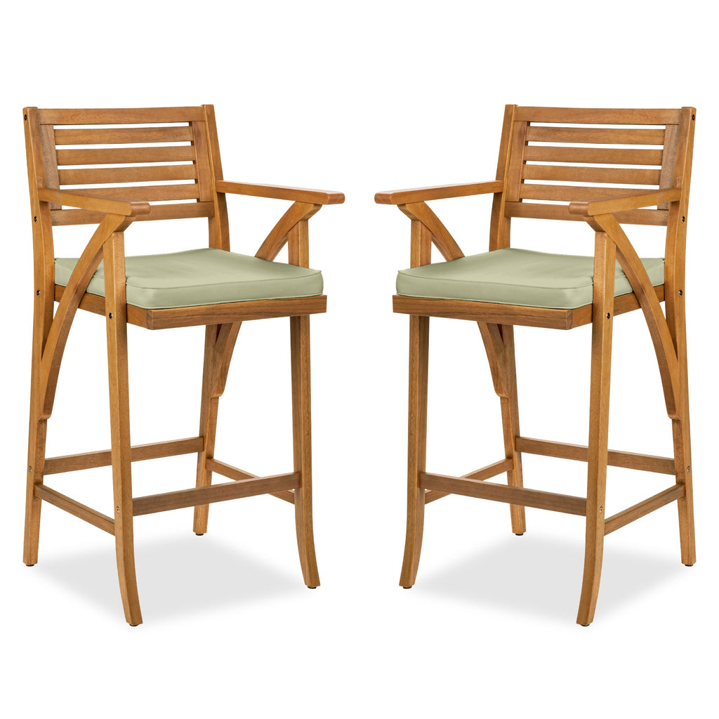Set of 2 Outdoor Acacia Wood Bar Stools Chairs w/ Weather-Resistant Cushions