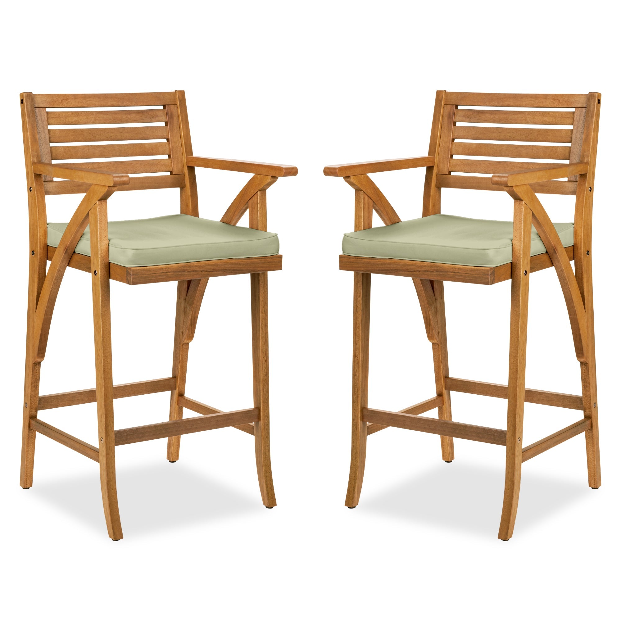Set of 2 Outdoor Acacia Wood Bar Stools Chairs w/ Weather-Resistant Cushions