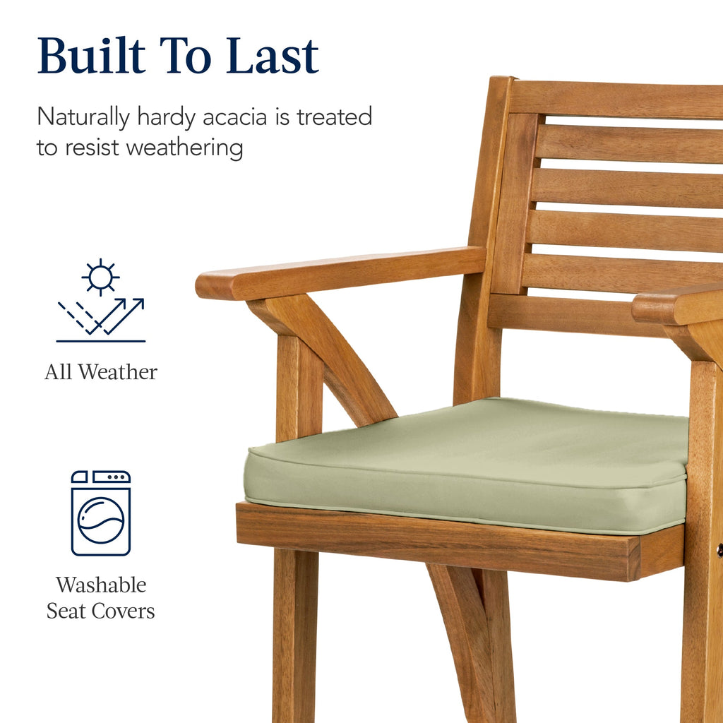 Set of 2 Outdoor Acacia Wood Bar Stools Chairs w/ Weather-Resistant Cushions