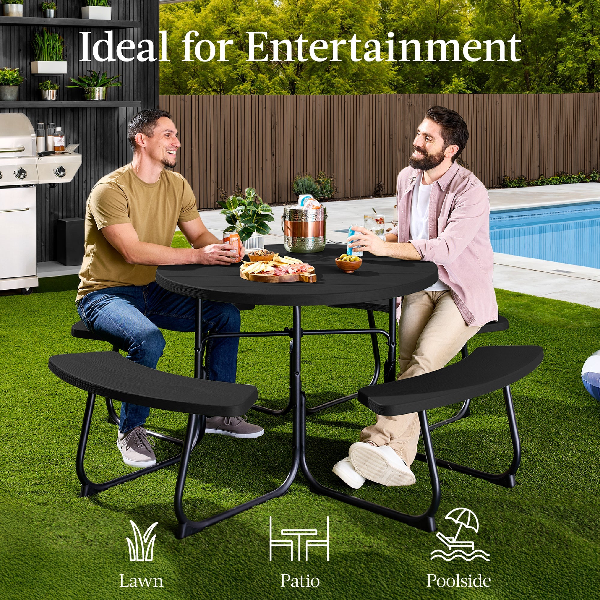 8-Person Circular Picnic Table w/ Umbrella Hole, 4 Benches