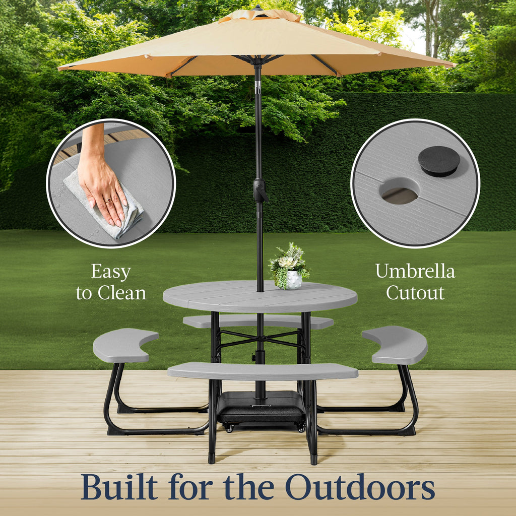 8-Person Circular Picnic Table w/ Umbrella Hole, 4 Benches