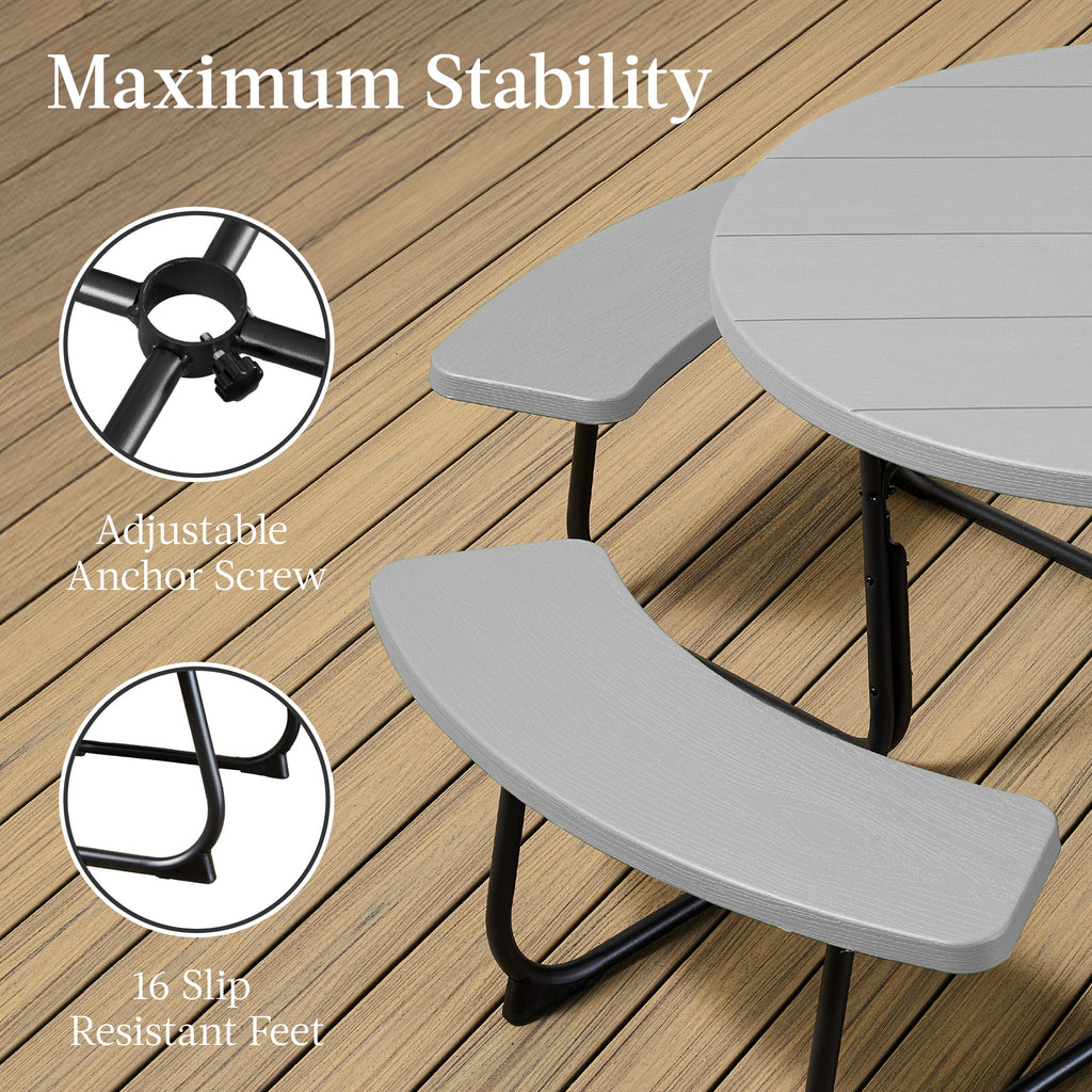 8-Person Circular Picnic Table w/ Umbrella Hole, 4 Benches