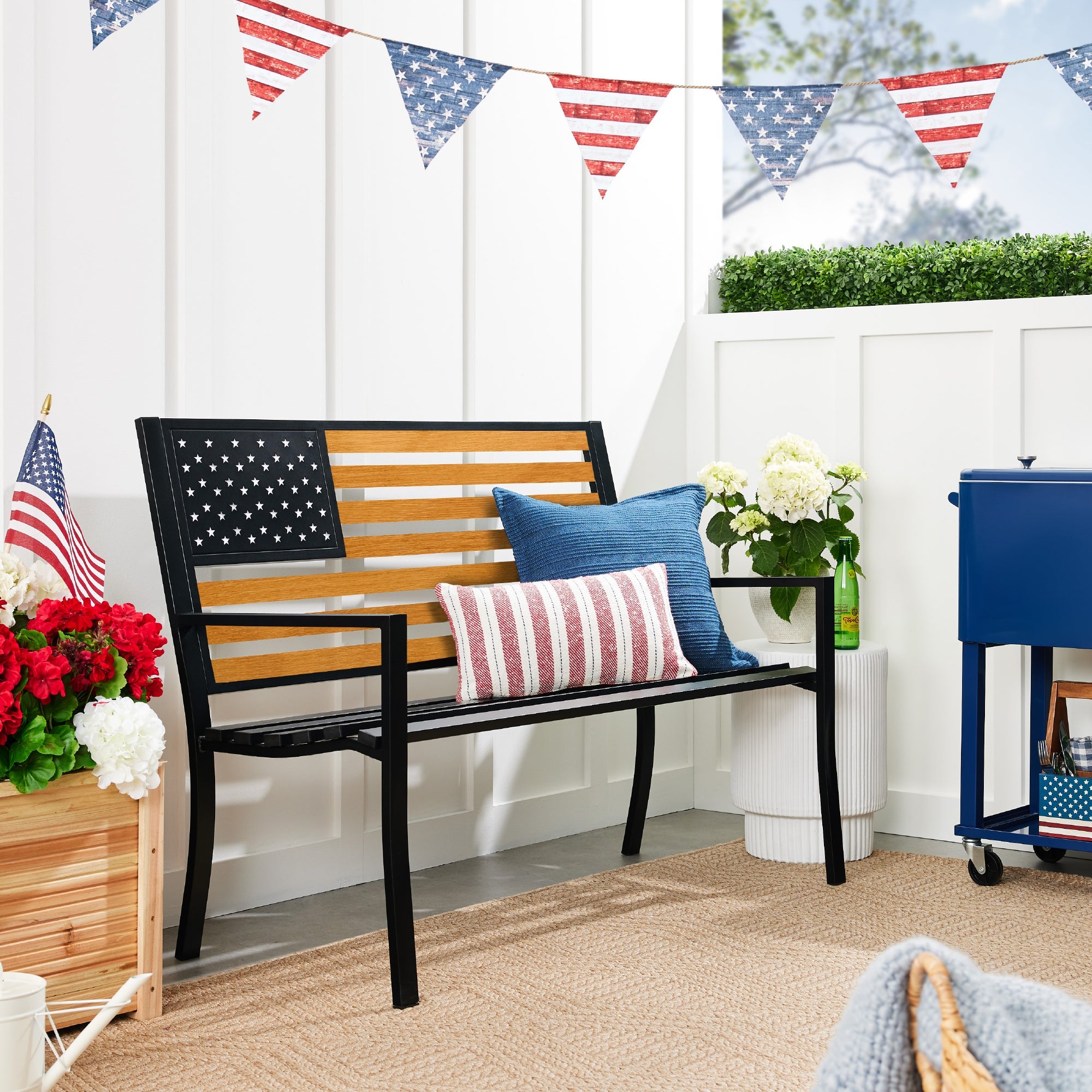 Indoor Outdoor Steel Bench w/ American Flag Backrest, 790lb Capacity