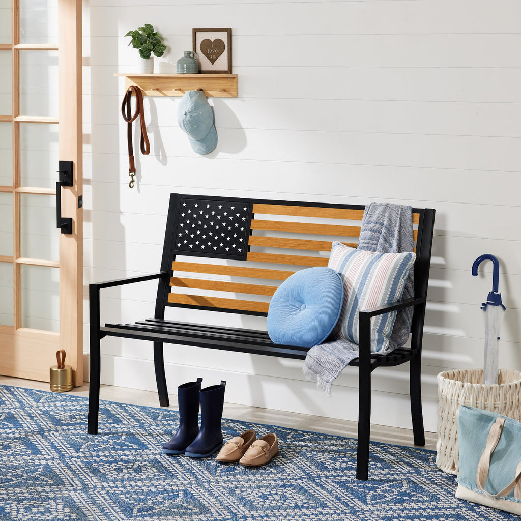 Indoor Outdoor Steel Bench w/ American Flag Backrest, 790lb Capacity