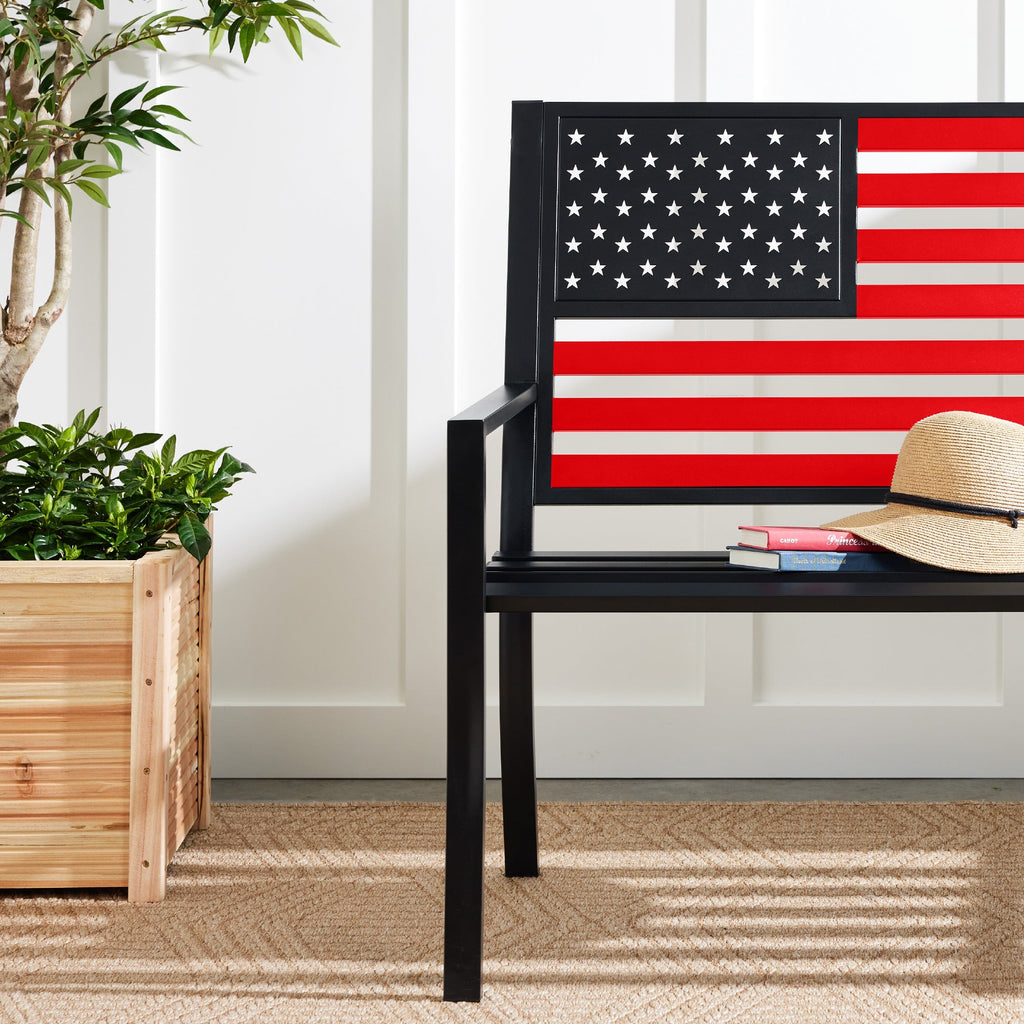 Indoor Outdoor Steel Bench w/ American Flag Backrest, 790lb Capacity