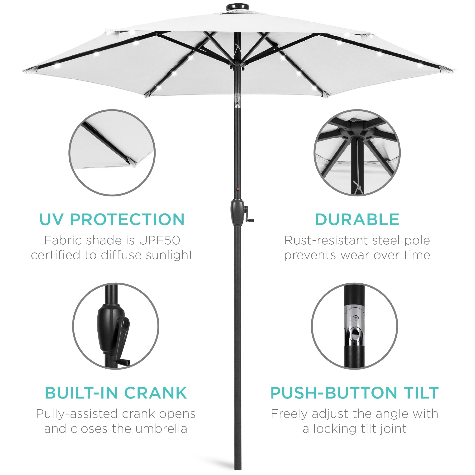 Outdoor Solar Patio Umbrella w/ Push Button Tilt, Crank Lift - 7.5ft