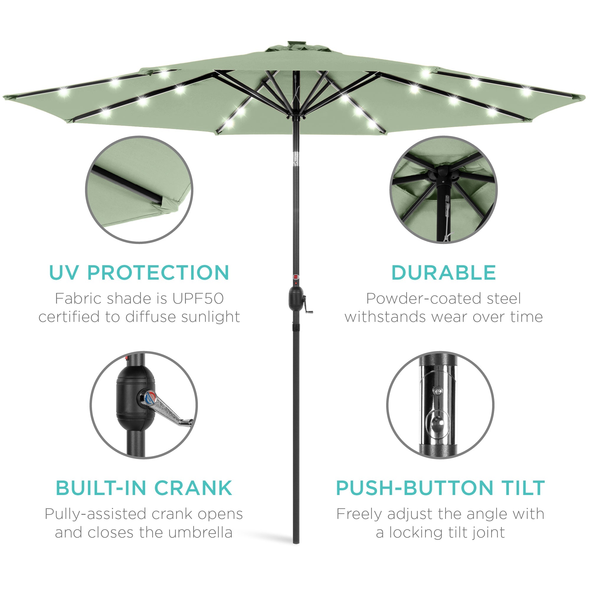 Solar LED Lighted Patio Umbrella w/ Tilt Adjustment, UV-Resistant - 10ft