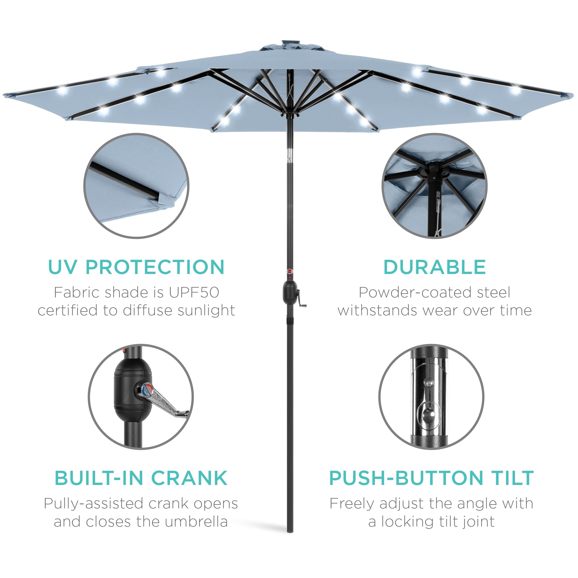 Solar LED Lighted Patio Umbrella w/ Tilt Adjustment, UV-Resistant - 10ft