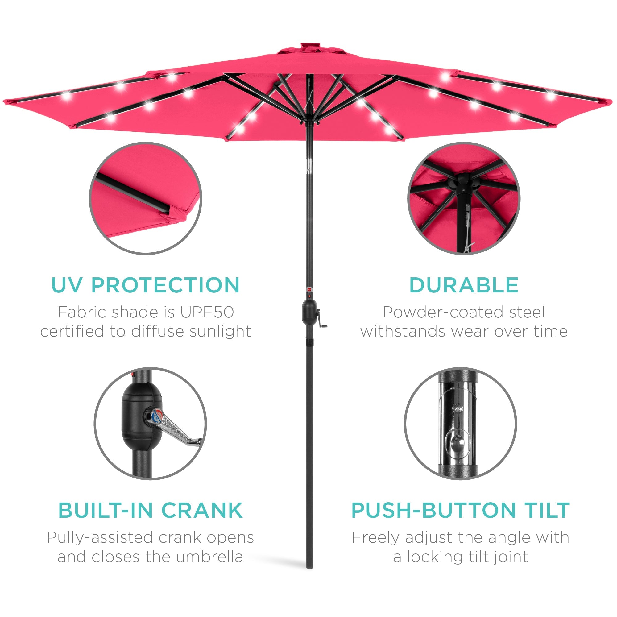 Solar LED Lighted Patio Umbrella w/ Tilt Adjustment, UV-Resistant - 10ft