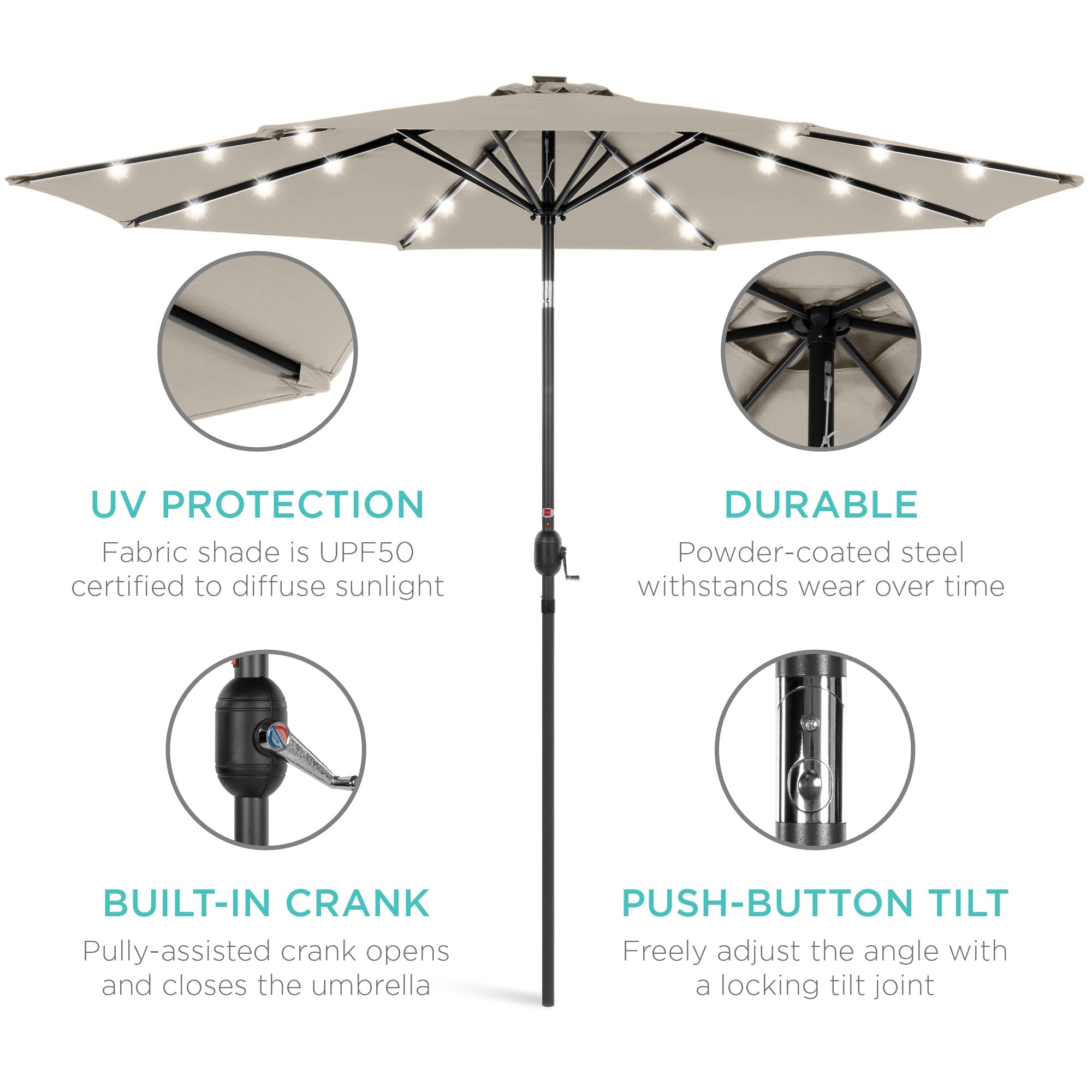 Solar LED Lighted Patio Umbrella w/ Tilt Adjustment, UV-Resistant - 10ft