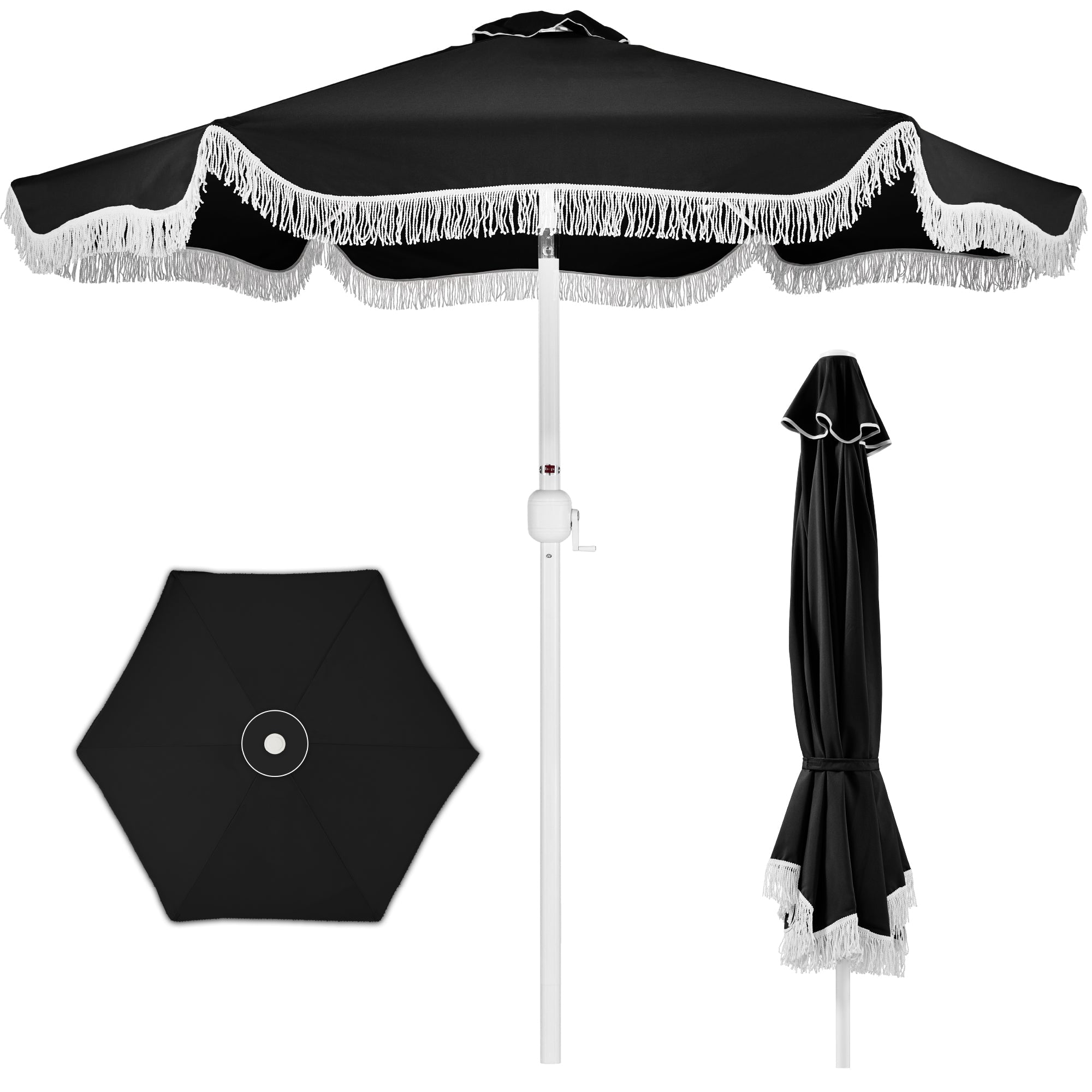 9ft Boho Fringe Umbrella  Tilt, UPF50+, Steel Pole