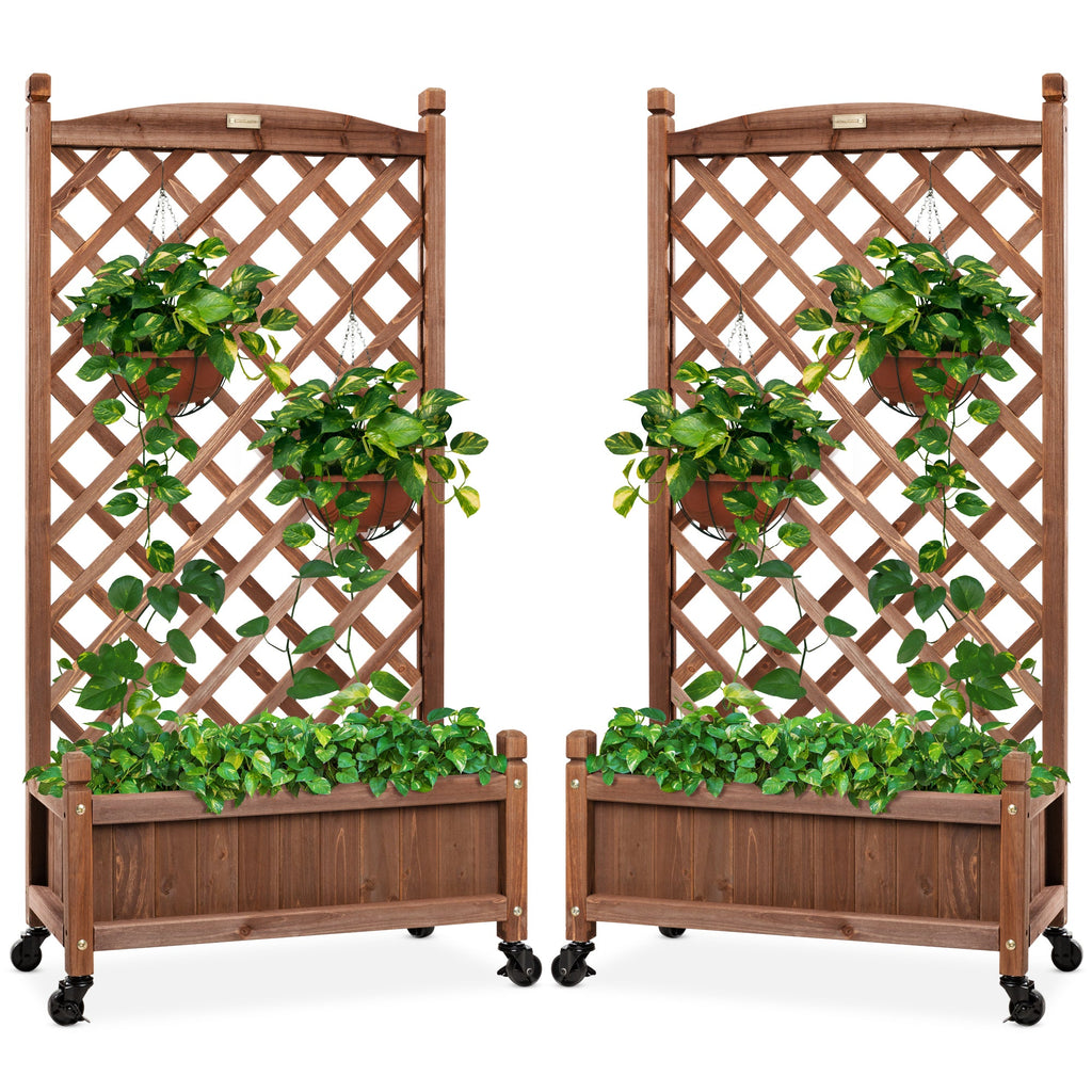 Set of 2 Wood Planter Box & Lattice Trellis w/ Optional Wheels - 48in